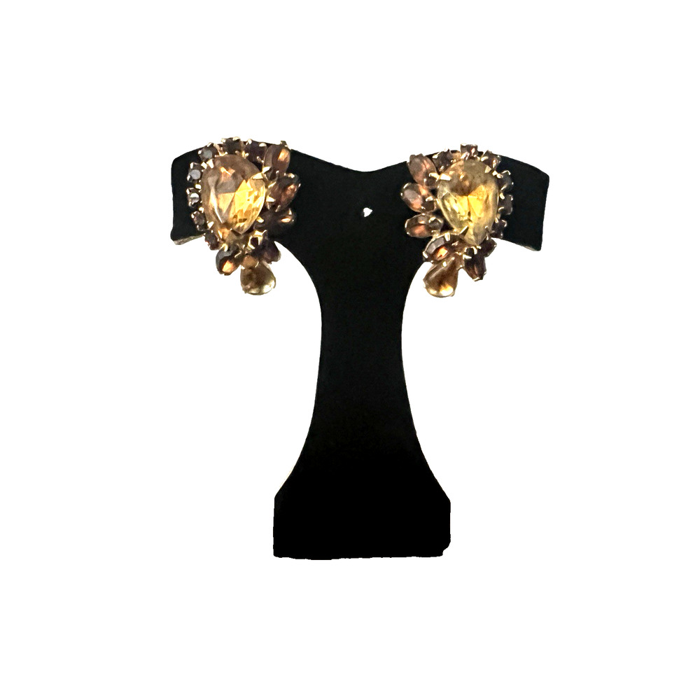 Vintage WEISS Amber Pear Shaped Faceted Rhinestone Brass Plated Clip-on Earrings